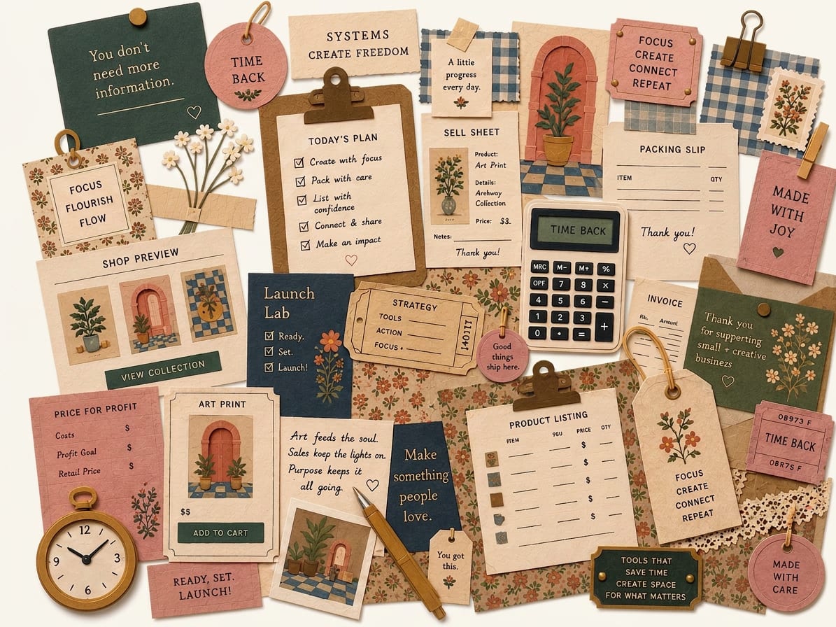 Collage of art business tools, tags, and journals