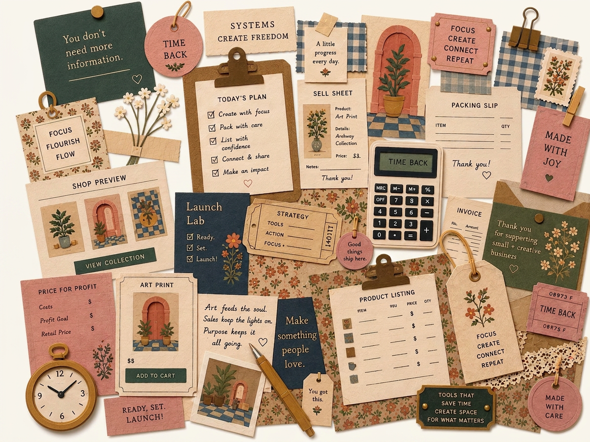Collage of art business tools, tags, and journals
