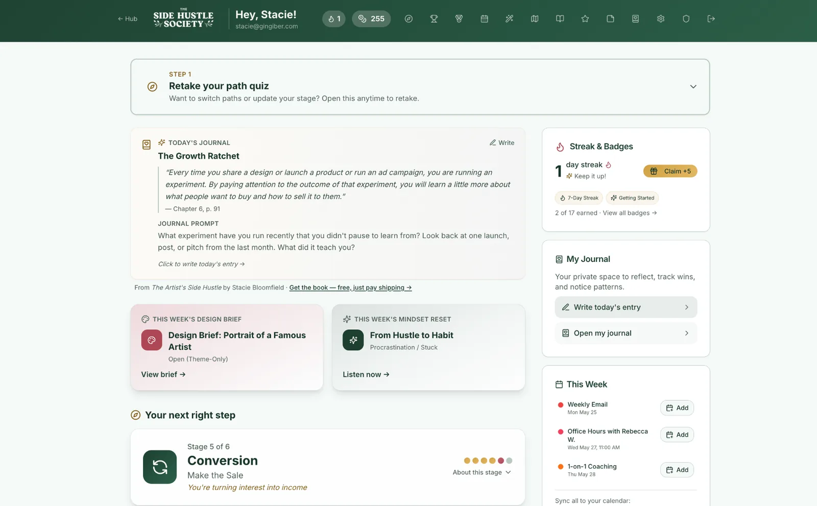 Side Hustle Society Hub dashboard: today's journal prompt, design brief, mindset reset, streak and badges, and Your Next Right Step