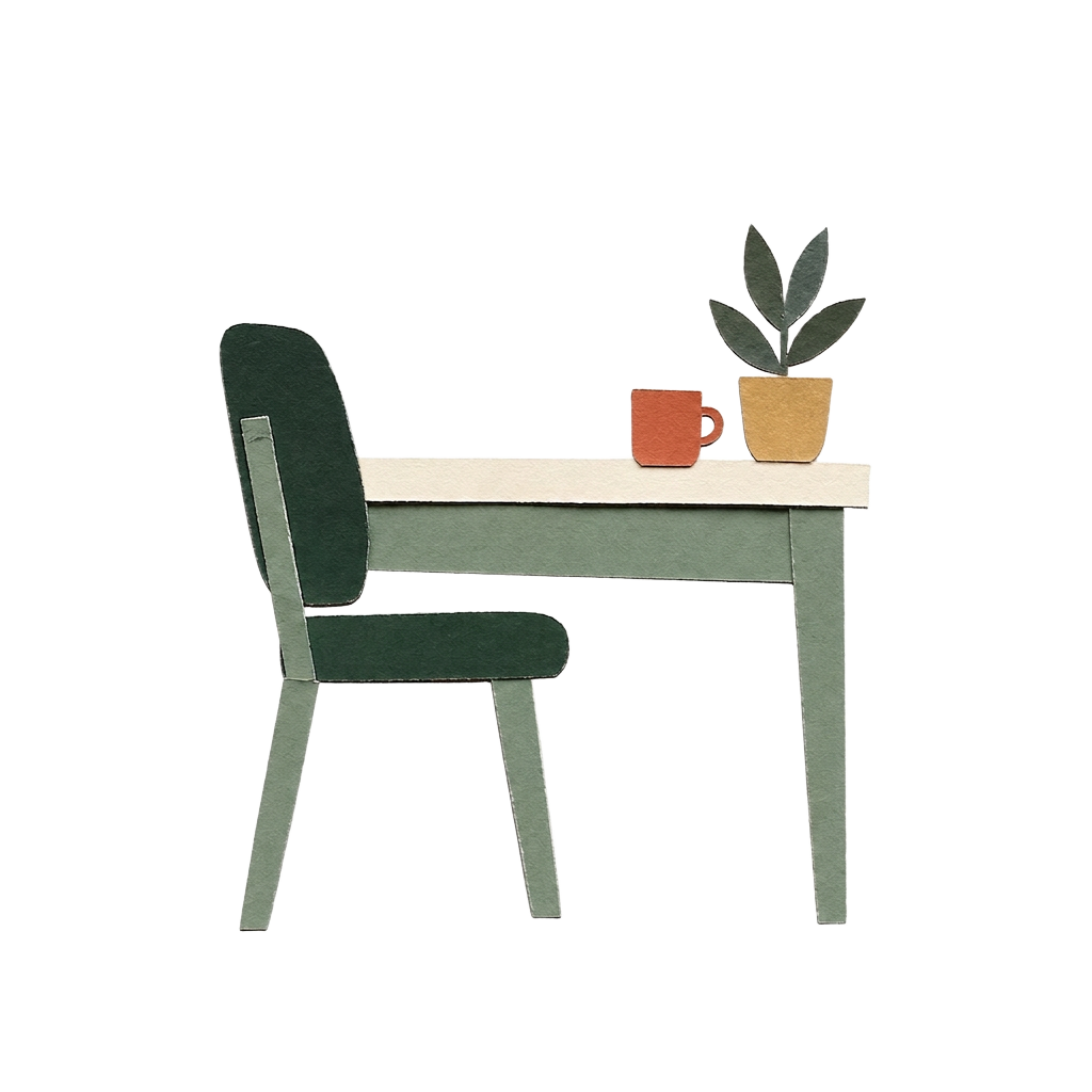 Empty desk with a single chair and lamp