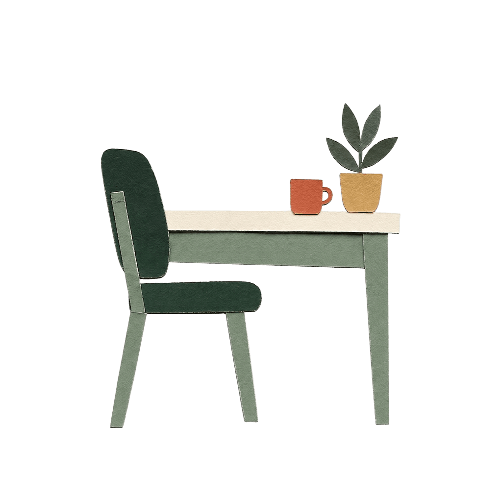 Empty desk with a single chair and lamp
