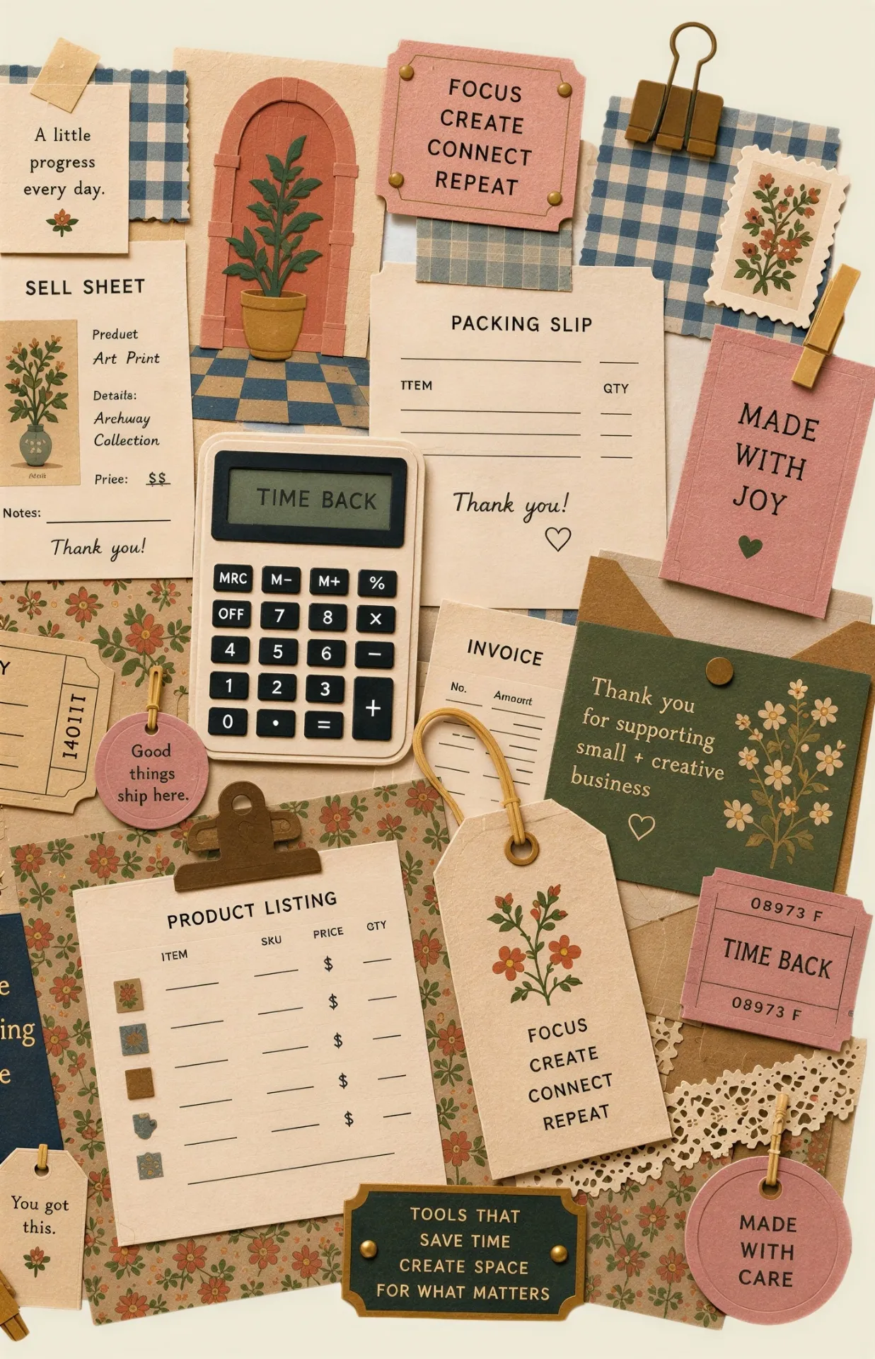 Vintage flat-lay collage of artist business tools: pricing cards, sell sheet, product listing, time back tags, and a pocket watch — illustrating the Side Hustle Society dashboard